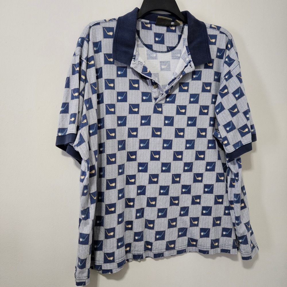 Farah Mens 3XL Golf Club Print Polo Shirt‎ Blue Checkered Cotton Vintage Style